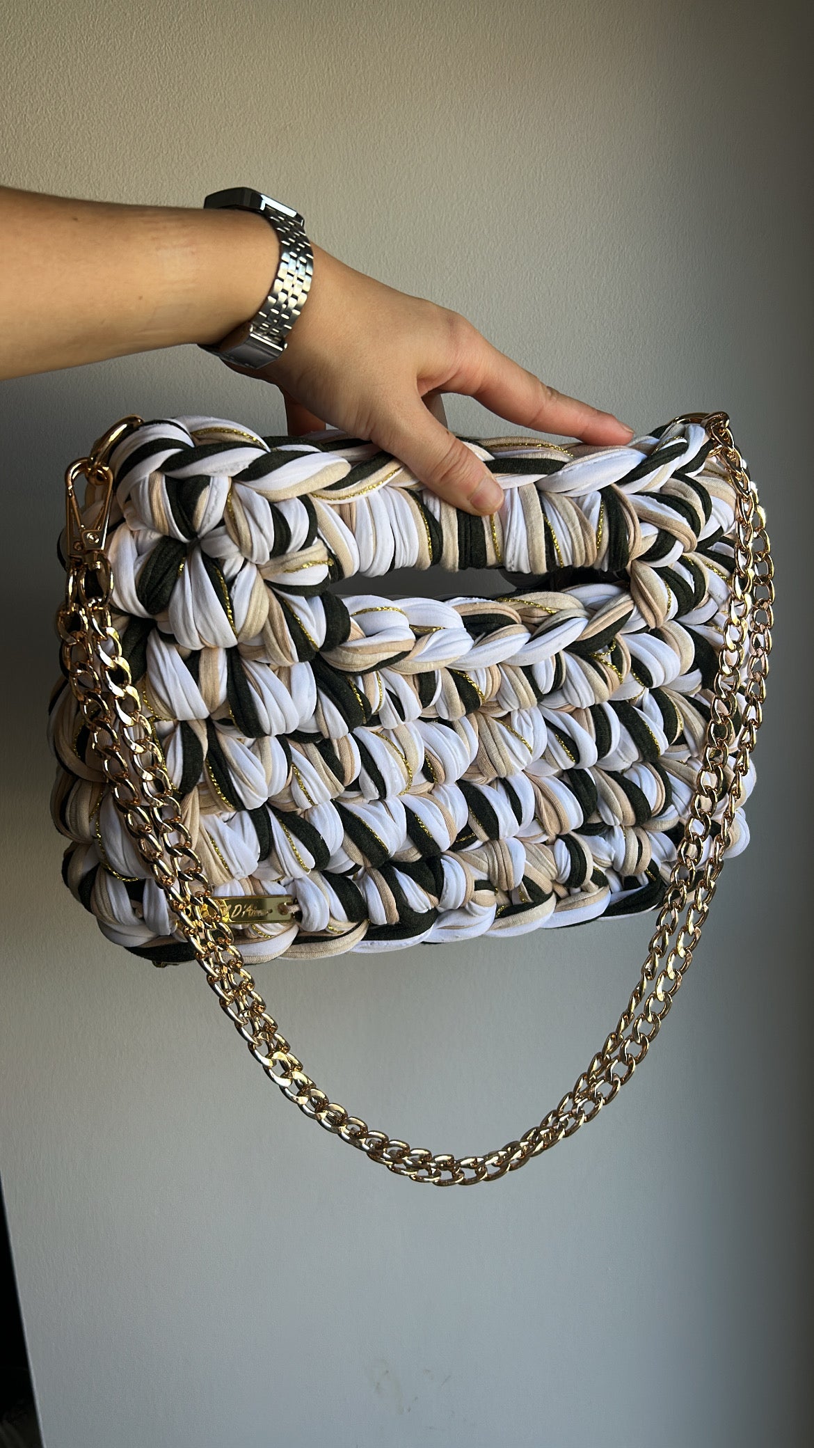 Sac AIMER - Kaki, Blanc, Beige, Fil Doré