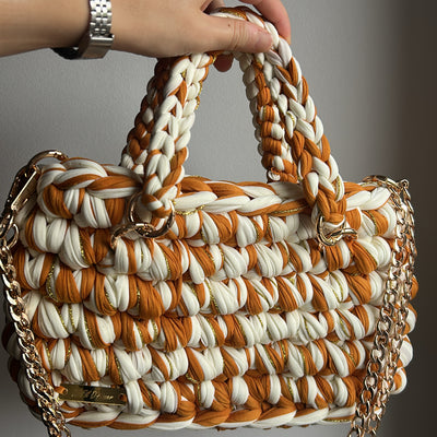 Sac EMIRA - Camel, Blanc Crème et Fil Doré