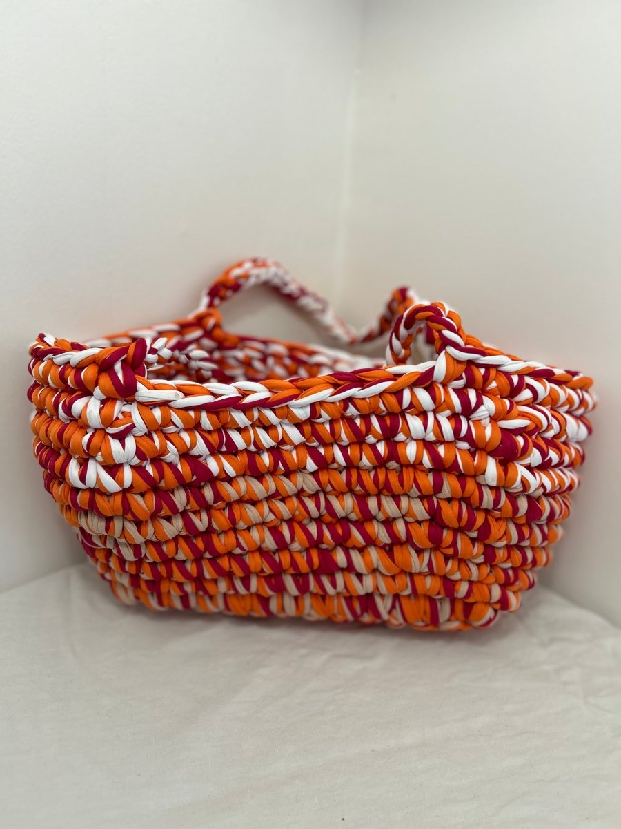 Panier au crochet orange blanc prune beige – Fait main, rangement ou sac (50x21 cm) - Le Fil D aimer