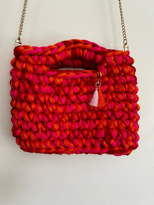 Sac Aimer orange, rose et rouge crocheté main